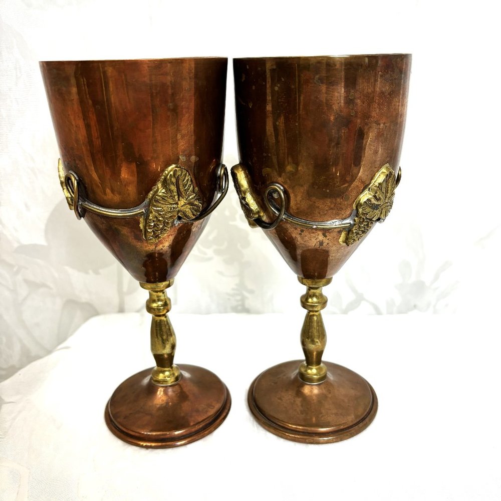 RENAISSANCE Medieval Set of 2 EM Mex Copper Brass Wine Goblets Vtg